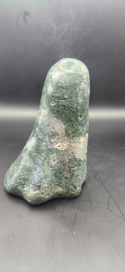 Moss agate tower. 13.5 ounces, 4 inches tall