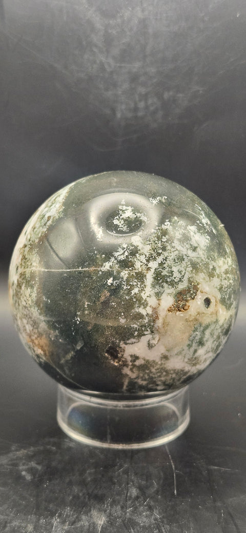 Moss agate sphere. 74.3mm, 2.92 inches, 1.4 pounds!