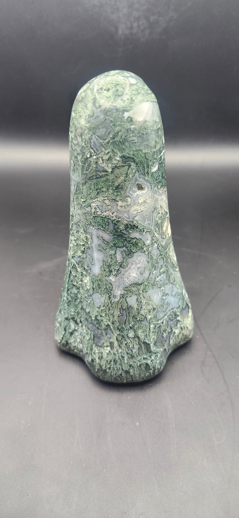 Moss agate tower. 13.5 ounces, 4 inches tall