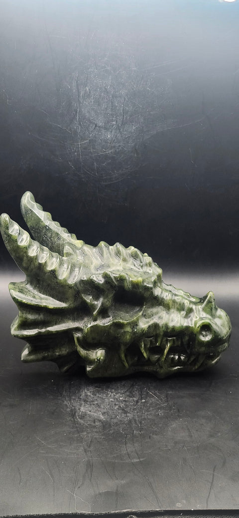 Nephrite dragon skull! 1.10 pounds, 4.5 inchs head, 6 inches nose to horn