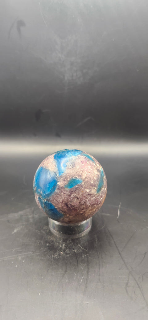 Blue apatite, lepidolite, Sunstone sphere. 49.9mm, 1.96 inches 5.3 ounces
