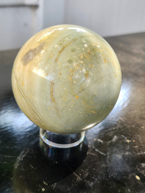 Blue and white striped calcite sphere! 67mm. 2.66 inches, 15 ounces