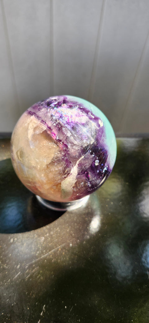 Blue,purple, clear florite sphere. 67.8mm, 2.67 inches, 1.2 pounds