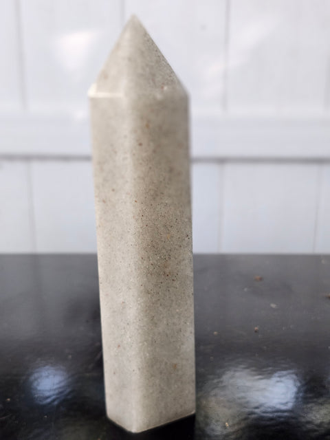 Green aventurine tower with silver flash! 12.8 ounces, 6.5 inches