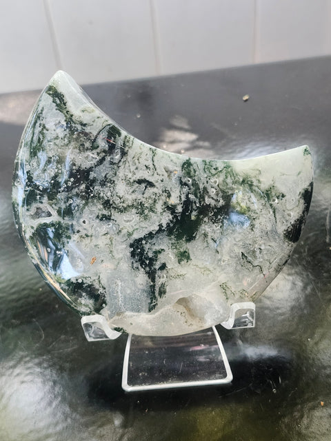 Druzy moss agate moon! 9.6 ounces, 4 inches