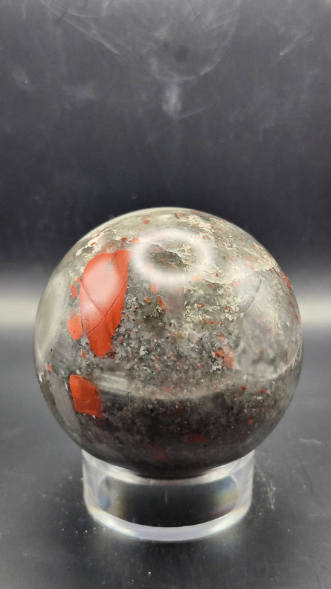 African bloodstone sphere. 66.5mm, 2.62 inches, 15.2 ounces