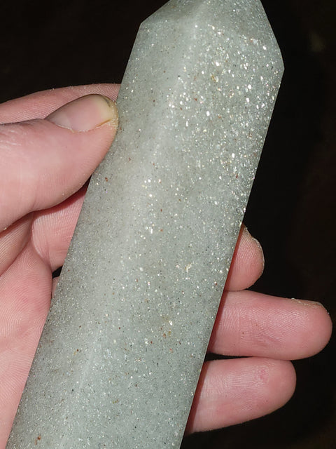 Green aventurine tower with silver flash! 12.8 ounces, 6.5 inches
