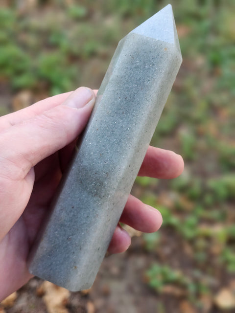 Green aventurine tower with silver flash! 12.8 ounces, 6.5 inches