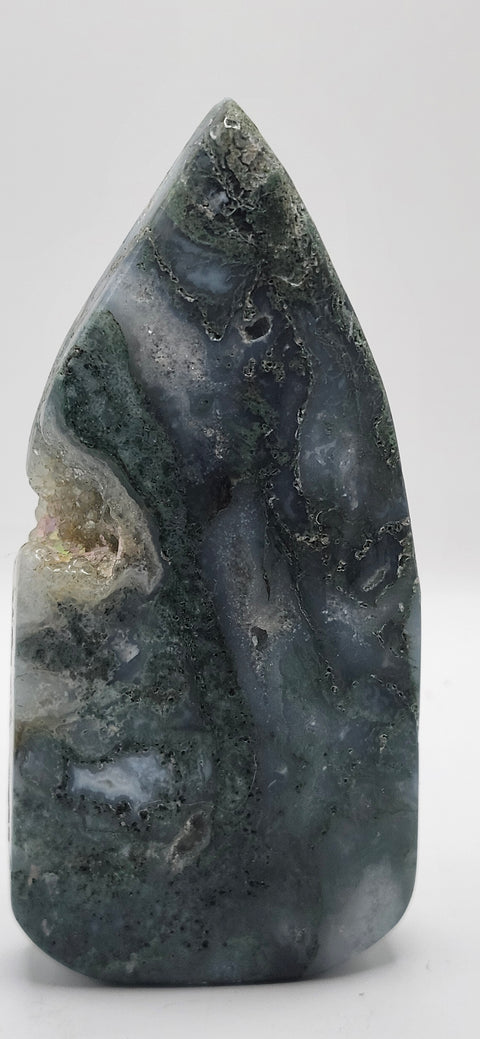 Druzy Moss agate tear tower! 5.5 inches 8.5 ounces