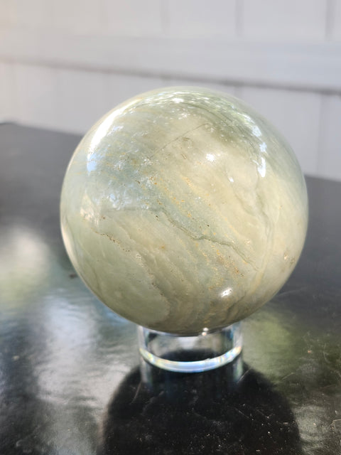 Blue and white striped calcite sphere! 67mm. 2.66 inches, 15 ounces