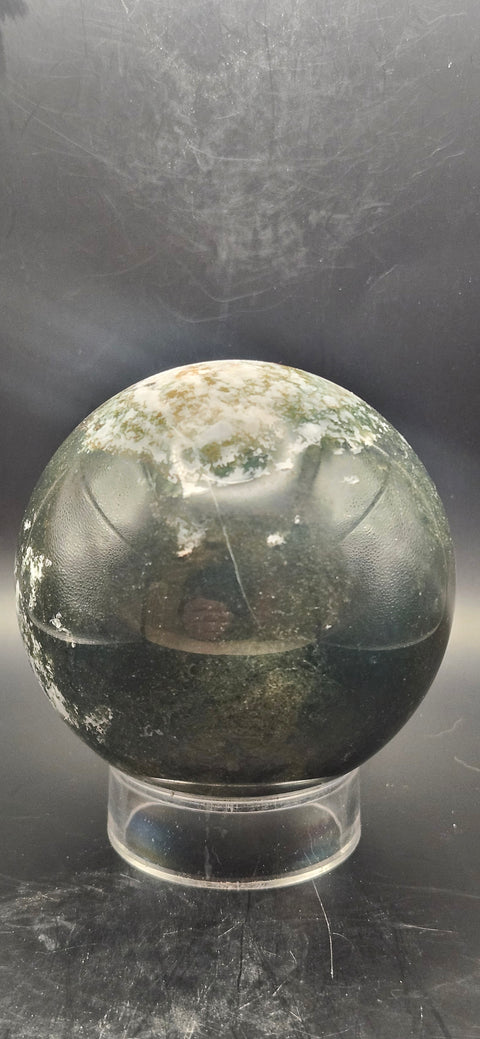 Moss agate sphere. 74.3mm, 2.92 inches, 1.4 pounds!