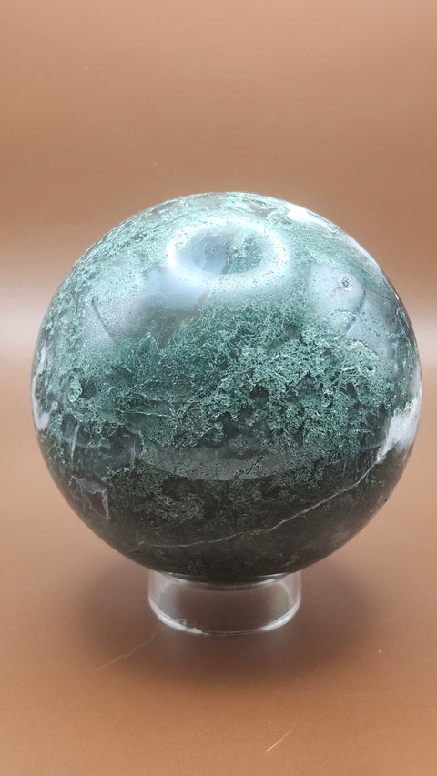 Moss agate sphere. 75mm, 2.96 inches, 1.4 pounds!