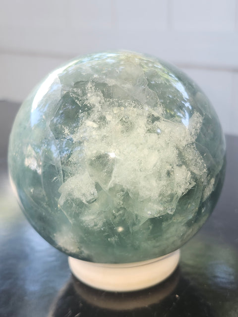 Snowflake florite sphere! 79mm, 3.13 inches, 1.15 pounds