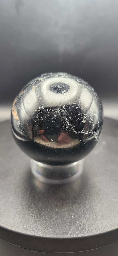 Black tourmaline sphere. 49.8mm, 1.96 inches, 7 ounces