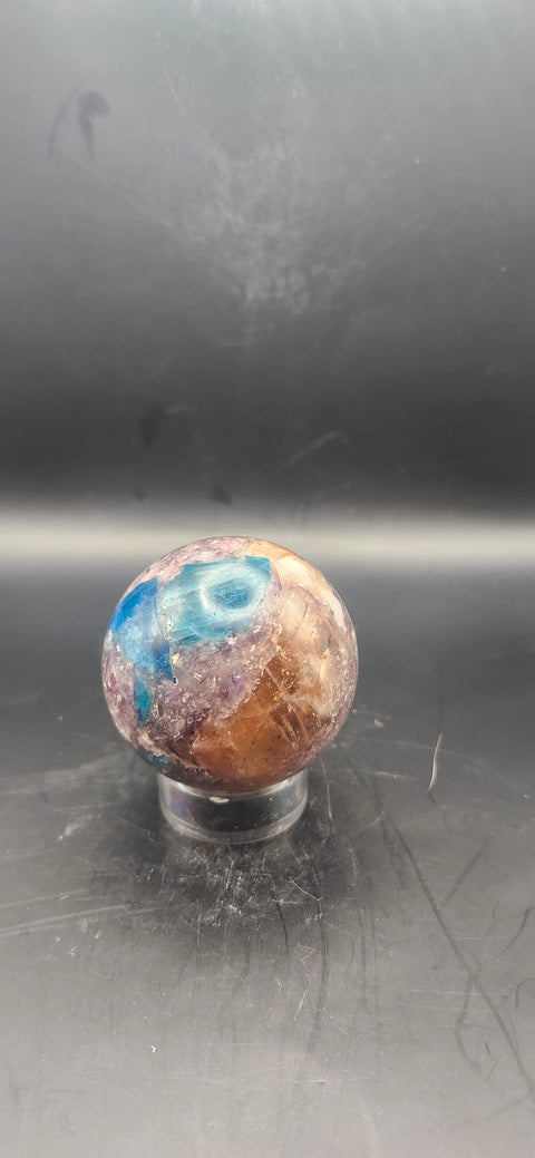 Blue apatite, lepidolite, Sunstone sphere. 49.9mm, 1.96 inches 5.3 ounces