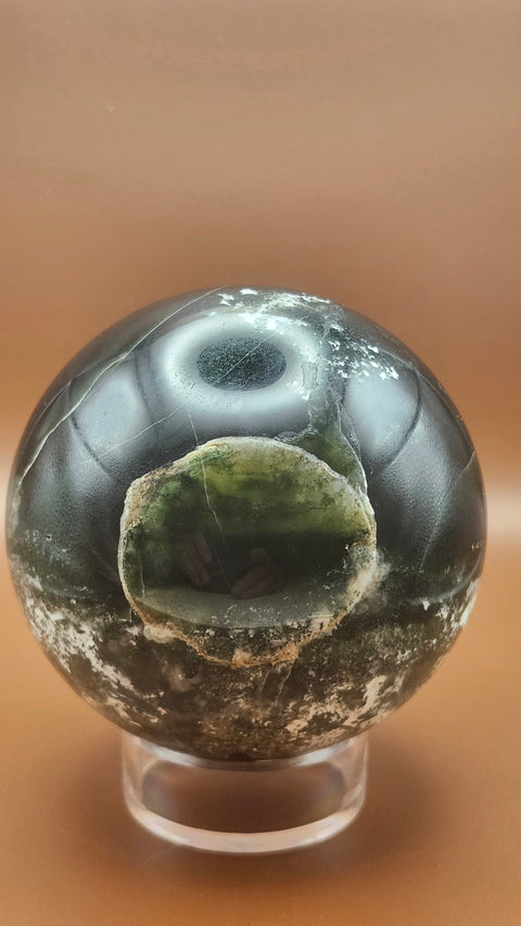 Moss agate sphere. 81.4mm,.3.20 inches, 1.9 inches