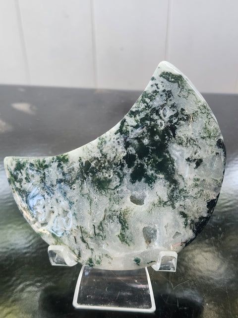 Druzy moss agate moon! 9.6 ounces, 4 inches