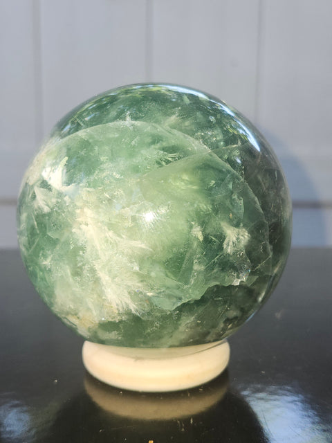 Snowflake florite sphere! 79mm, 3.13 inches, 1.15 pounds