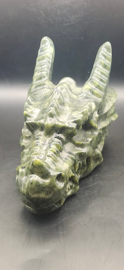Nephrite dragon skull! 1.10 pounds, 4.5 inchs head, 6 inches nose to horn