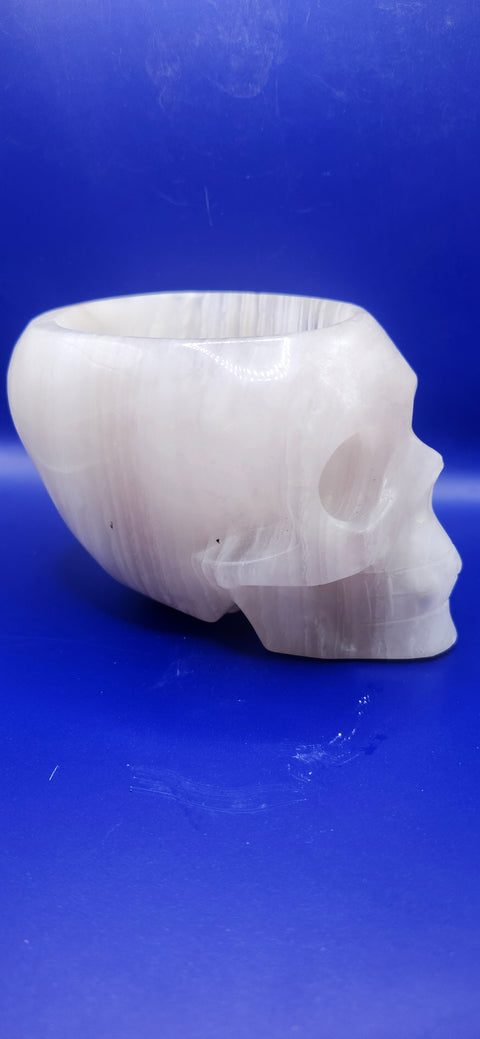 Striped calcite skull/ offering bowl! 2.10 pounds, 5 inches by 3.5 by 3