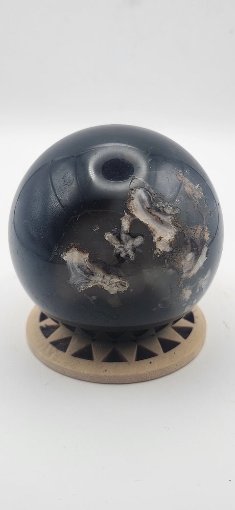 Black agate sphere. 55.6mm, 2.18 inches, 8.3 ounces!
