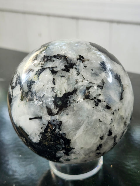Rainbow moonstone sphere! 2.7 pounds, 90mm, 3.55 inches