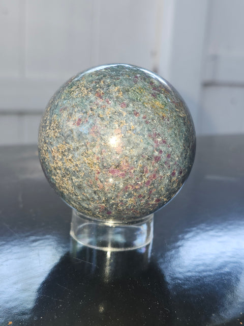 Ruby in kyanite sphere! 13.1 ounces, 58mm, 2.29 inches uv reactive