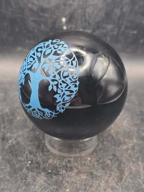 Black obsidian blue tree of life sphere, 2.3 inches, 10 ounces!