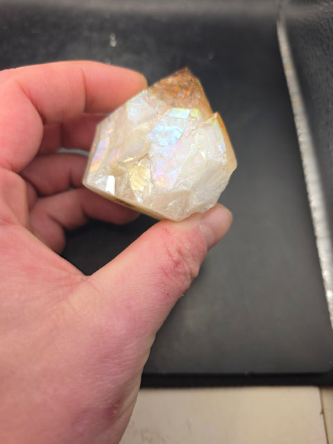 Angel aura citrine polished top point! 5.7 ounces, 2.3 inch by 2.3"