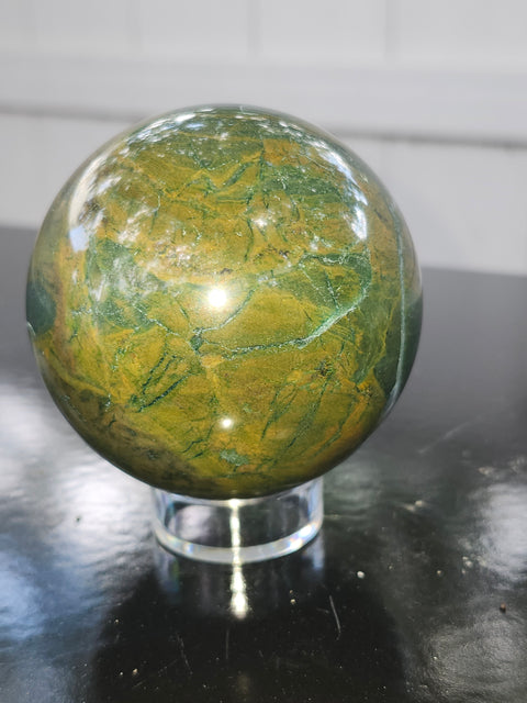 Green jasper sphere! 15.3 ounces, 66mm, 2.6 inches