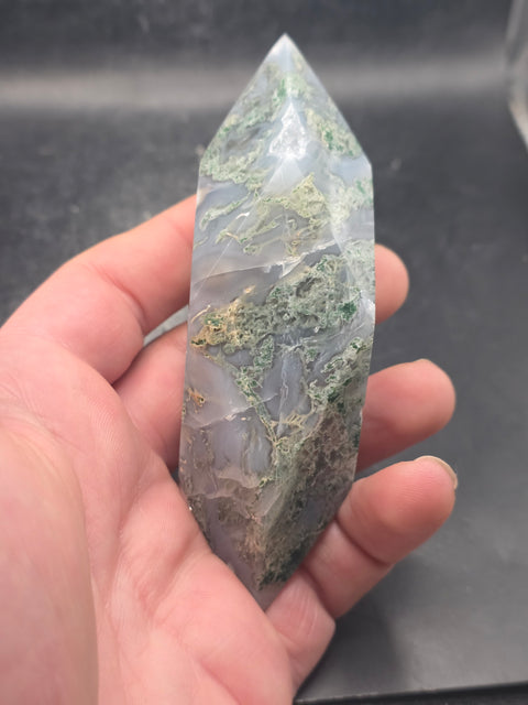 Druzy Moss agate prism! 4.6 inches long, 7 ounces