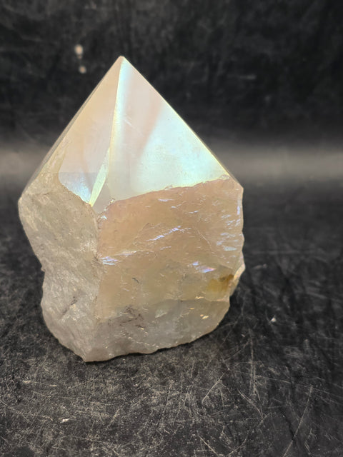 White pearl aura quartz polished top point, 6.3 ounces, 2.6 inches tall