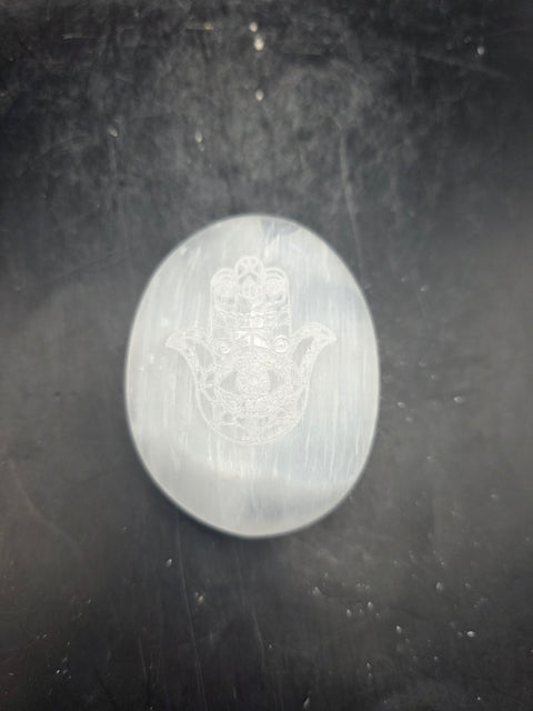 Selenite etched hamsa hand palm stone! 2.6 inches wide