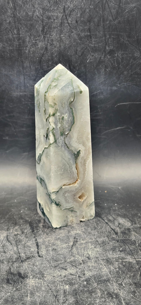 Moss agate tower! 3.6 ounces, 3.5 inches!