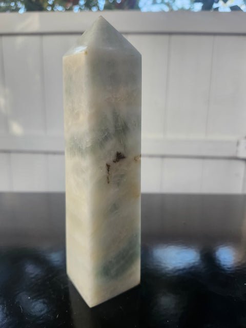 Blue and white striped calcite tower! 1.3 pounds, 7 inches