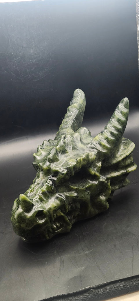 Nephrite dragon skull! 1.10 pounds, 4.5 inchs head, 6 inches nose to horn