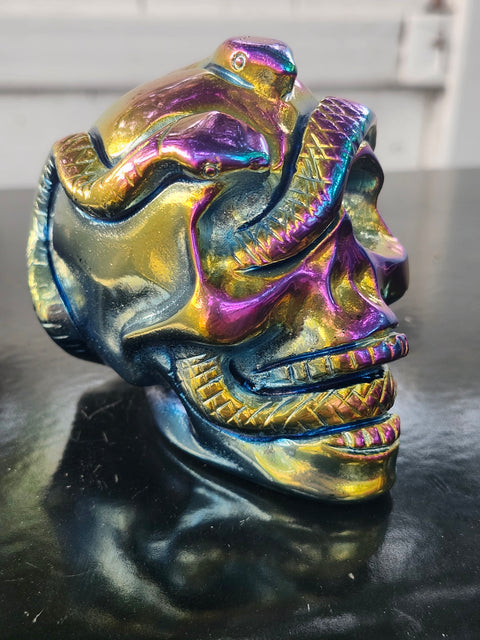 Titanium obsidian skull & snake! 1.1 pound, 3.7 inches long, 3 tall, 2.5 wide