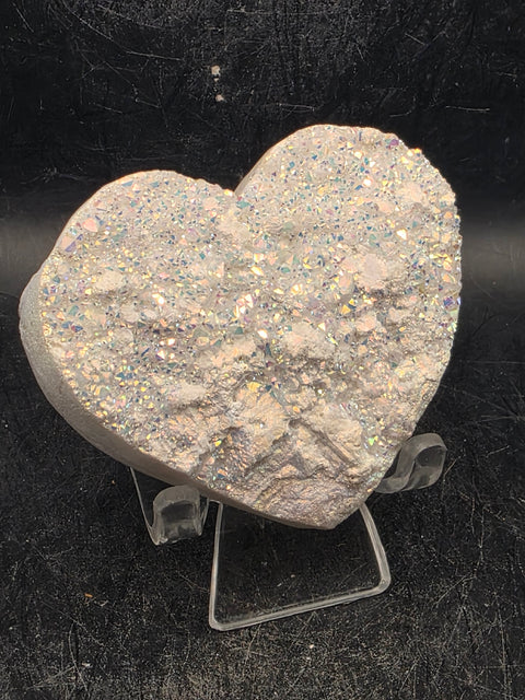 White pearl aura quartz heart! 4.7 ounces, 2.7 inches wide, 2.3" tall