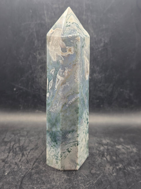 Large moss agate tower! 6.1 inches tall, 15 ounces!