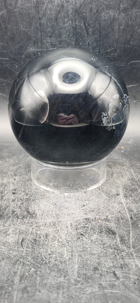 Black agate sphere! 67.3mm, 2.6 inches, 14.7 ounces