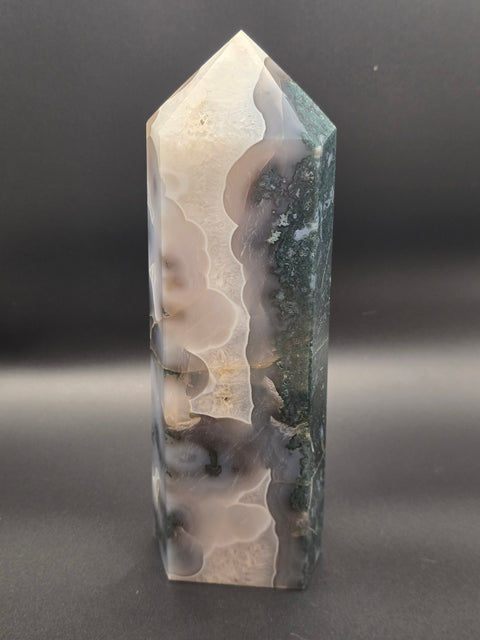 Jumbo moss agate tower! 8 inches tall, 2.12 pounds! 2.5" by 2" base