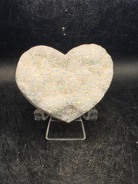 White pearl aura quartz heart! 4 ounces, 2.6 inches wide, 2.2" tall