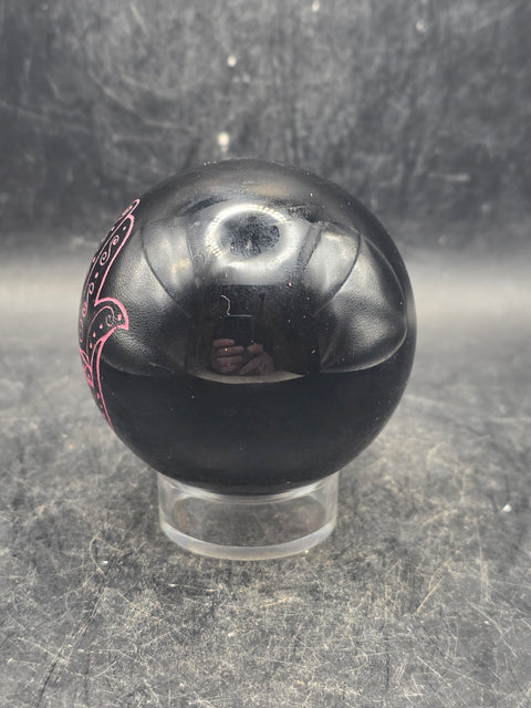 Black obsidian pink hamsa hand sphere! 7.8 ounces, 2.2 inches!