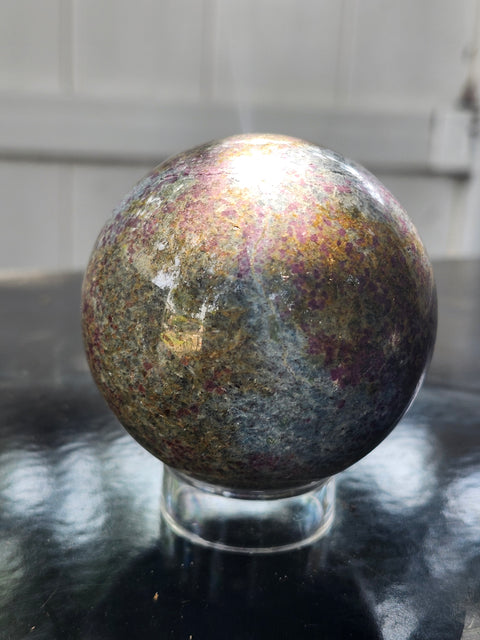 Ruby in kyanite sphere 14.5 ounces, 60mm, 2.36 inches uv reactive
