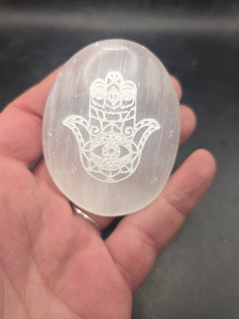 Selenite etched hamsa hand palm stone! 2.6 inches wide