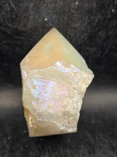 White pearl aura quartz polished top point, 6.3 ounces, 2.6 inches tall