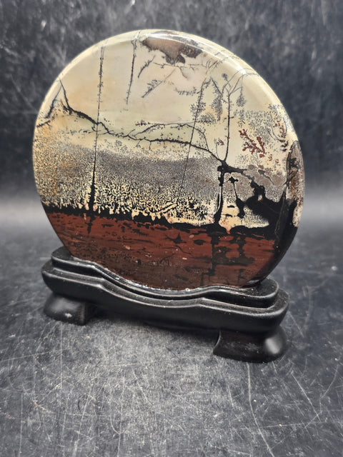 Natural picture jasper slab with stand! 5 ounces, 3.5 inches wide