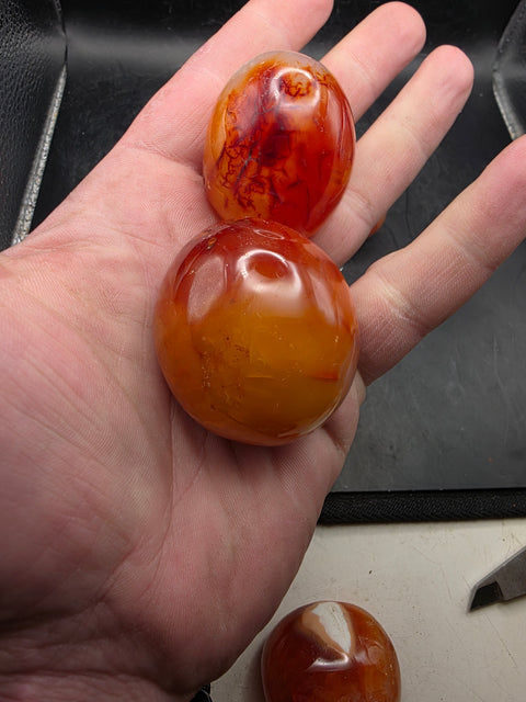 Carnelian agate palm stones! Set of 2! 1.5 to 2.6 inches!