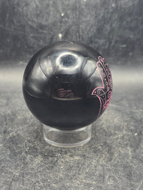 Black obsidian pink hamsa hand sphere! 7.8 ounces, 2.2 inches!