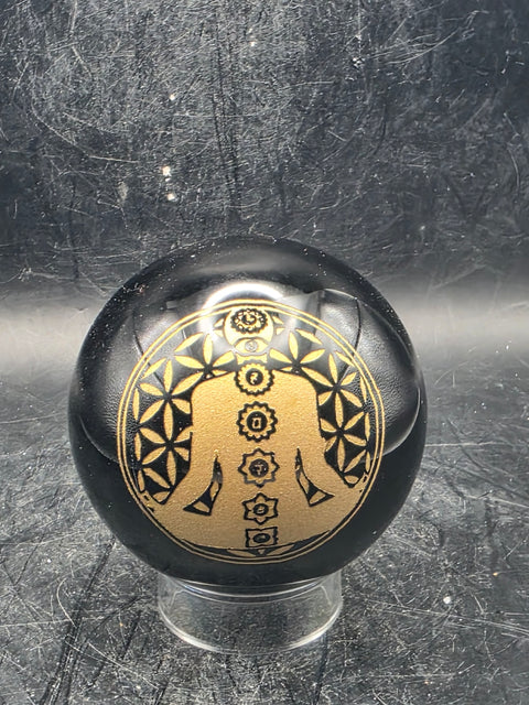Gold 7 Chakra black obsidian sphere, 58.4mm, 2.2 inches, 8.7 ounces